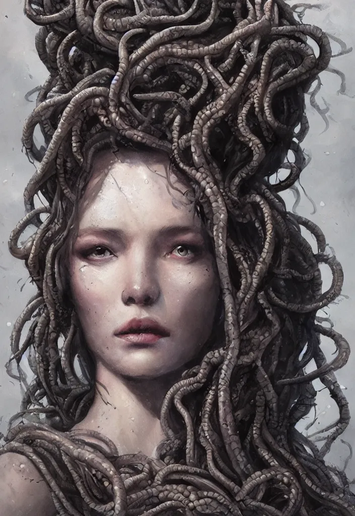 Image similar to A beuatiful portrait of medusa by Greg Rutkowski, Sung Choi, Mitchell Mohrhauser, Maciej Kuciara, Johnson Ting, Maxim Verehin, Peter Konig, Bloodborne , 8k photorealistic, cinematic lighting, HD, high details, dramatic, atmospheric , trending on artstation