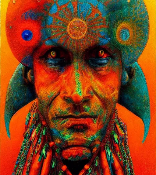 Image similar to Portrait painting in a style of Beksinski mixed with Alex Grey of an old shaman dressed in a colorful traditional clothes. Symmetry