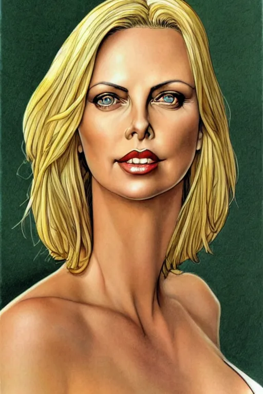 Image similar to realistic detailed full portrait of Charlize Theron by Milo manara