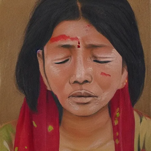 Image similar to a nepali woman wearing a white shawl, sad, bloody, tears, oil painting