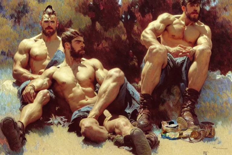 Image similar to 2 muscular attractive men sitting on a coach, painting by gaston bussiere, craig mullins, greg rutkowski, alphonse mucha