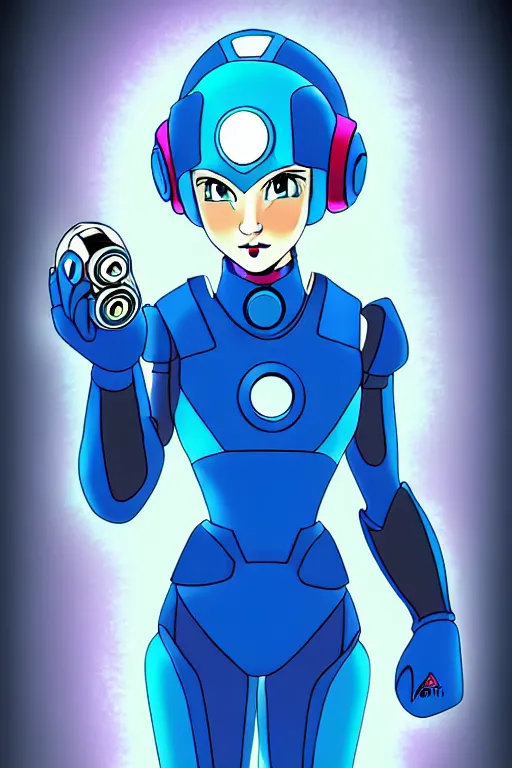 Prompt: Futuristic beautiful female megaman portrait by solarpunk and cyberpunk