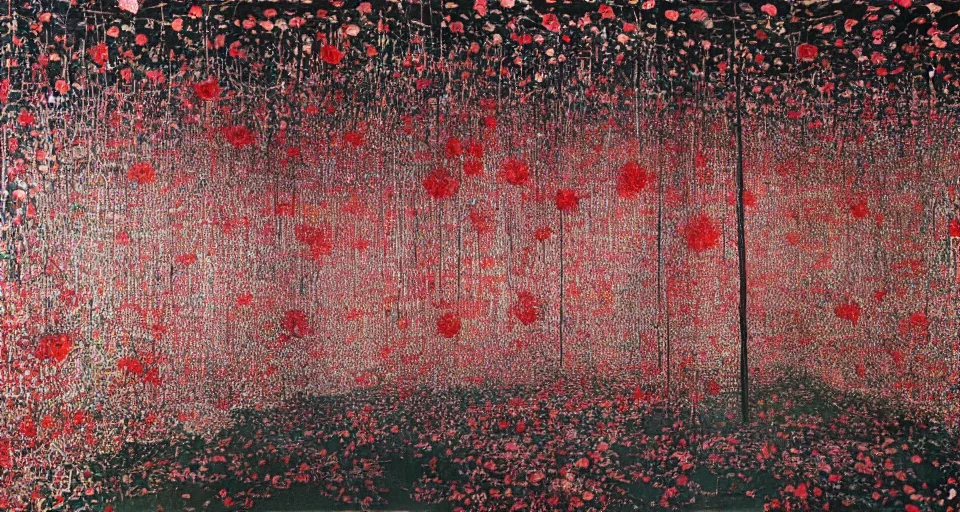 Image similar to A painting of an English Garden in summer, dawn, by Chiharu Shiota