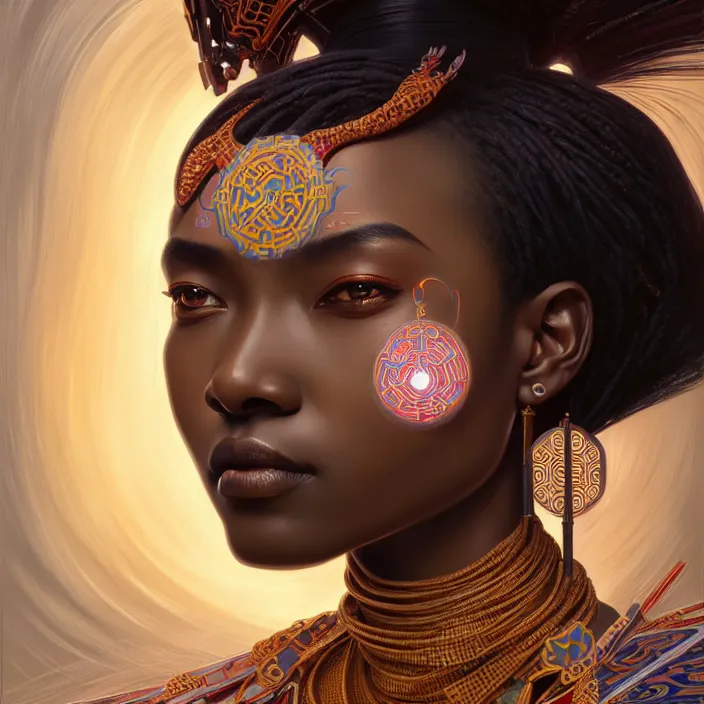 Prompt: symmetry! portrait of a hybrid african woman, face decorated with chinese opera motifs, leds horizon zero dawn machine, intricate, elegant, highly detailed, digital painting, artstation, concept art, smooth, sharp focus, illustration, art by artgerm and greg rutkowski and alphonse mucha, 8 k