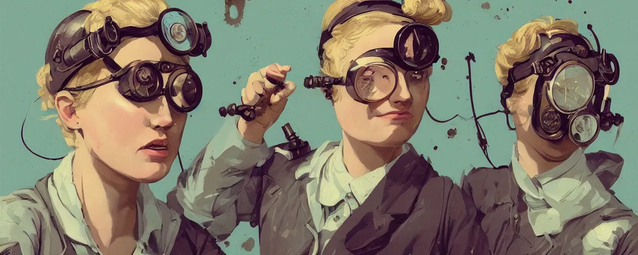 Prompt: vintage illustration 3 / 4 portrait of stoic heroic emotionless butch blonde woman engineer with short slicked - back hair, wearing victorian goggles, no makeup, awkward and uncomfortable and anxious, dirty, dynamic composition by sachin teng and sergey kolesov and ron cobb. industrial space program, scifi, hyper detailed. octane render. concept art. trending on artstation