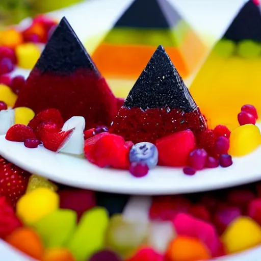 Prompt: beautiful photo of the pyramids made of fruit pieces on a white plate, dslr