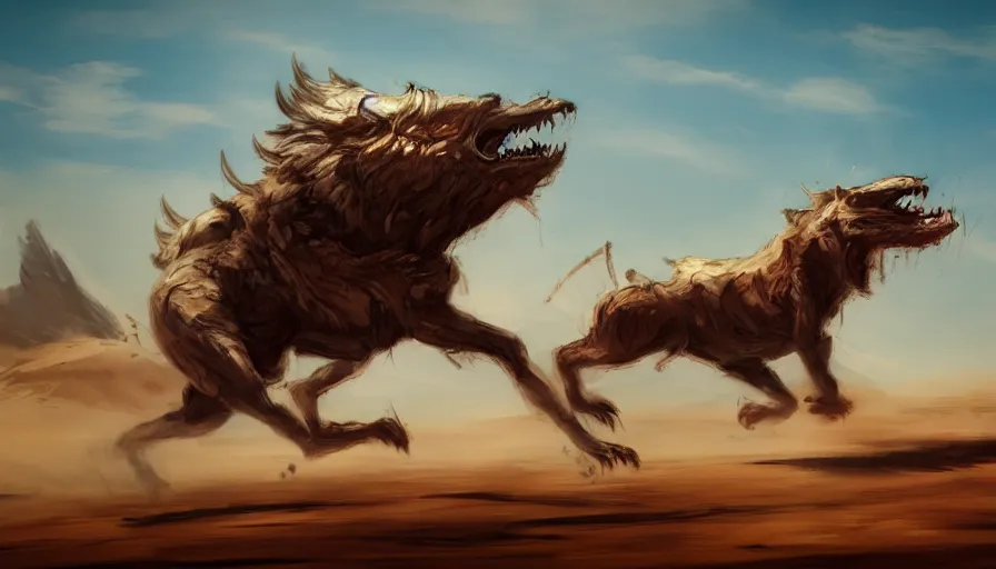 Prompt: concept art of beast running across the open desert by jama jurabaev, trending on artstation, high quality, brush stroke