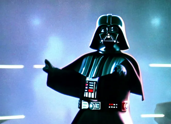 Prompt: film still of Darth Vader disco dancing exactly like John Travolta on the cover of Saturday Night Fever, 4k