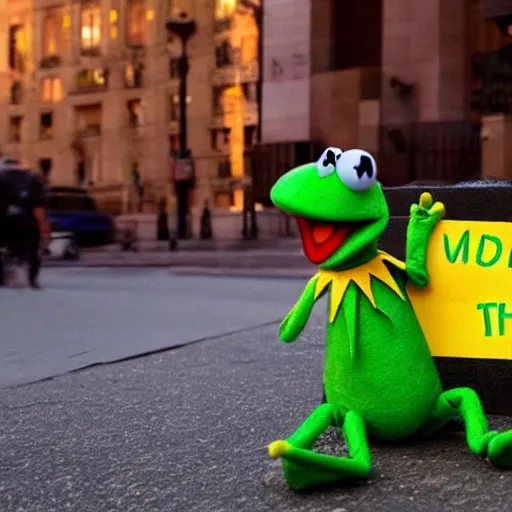 Prompt: stunning awe inspiring kermit the frog homeless begging for money with a sign, movie still 8 k hdr atmospheric lighting