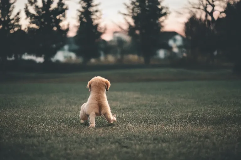 Prompt: out of focus photograph of a puppy in the front yard, cars can be seen traveling across the road, long exposure time, amateur photography, bad composition, bad color grading