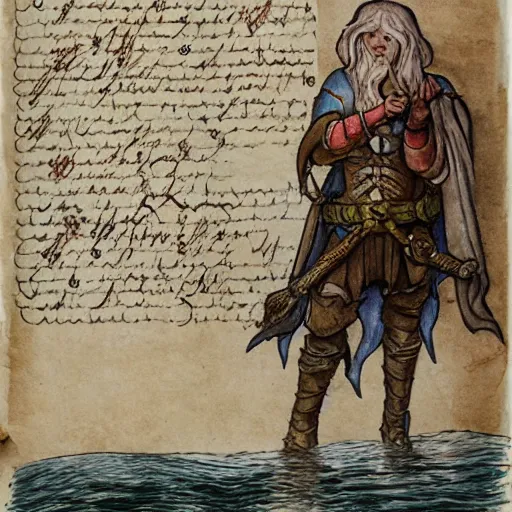 Prompt: a sea elf trying to get an commander, dripping with water, to sign a piece of parchment fantasy drawing