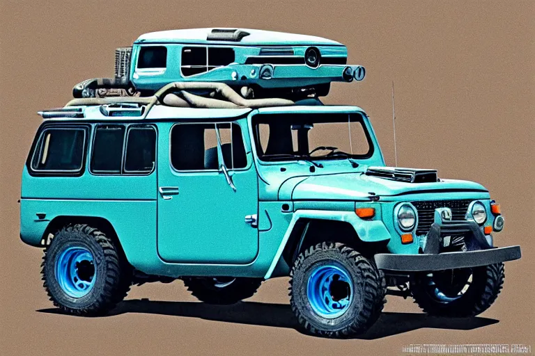 Image similar to digital illustration of a faded cyan mad max's fj 4 0 decrepit!!!! pursuit special, rusty!!! nissan fj cruiser heavily modded 1 9 9 0 s, the last v 8 interceptor by makoto shinkai, ilya kuvshinov, lois van baarle, rossdraws, basquiat