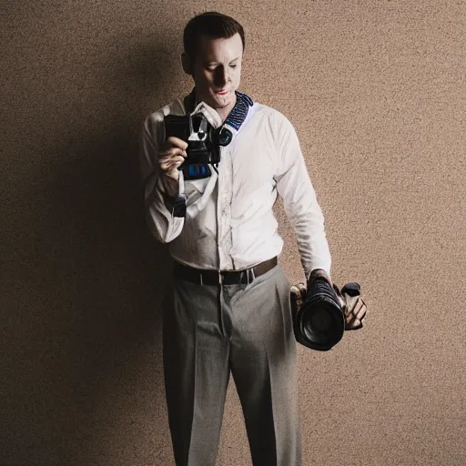 Image similar to stunning commercial self portrait of the photgrapher with his camera, muted colors, beautiful composition, 85mm f1.8