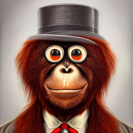 Prompt: portrait painting of an anthropomorphized orangutan, wearing a monocle and a small bowler hat, oversized mustache. dark outlining style. highly detailed. trending on artstation. slightly surreal, hyper realistic. style of chuck u