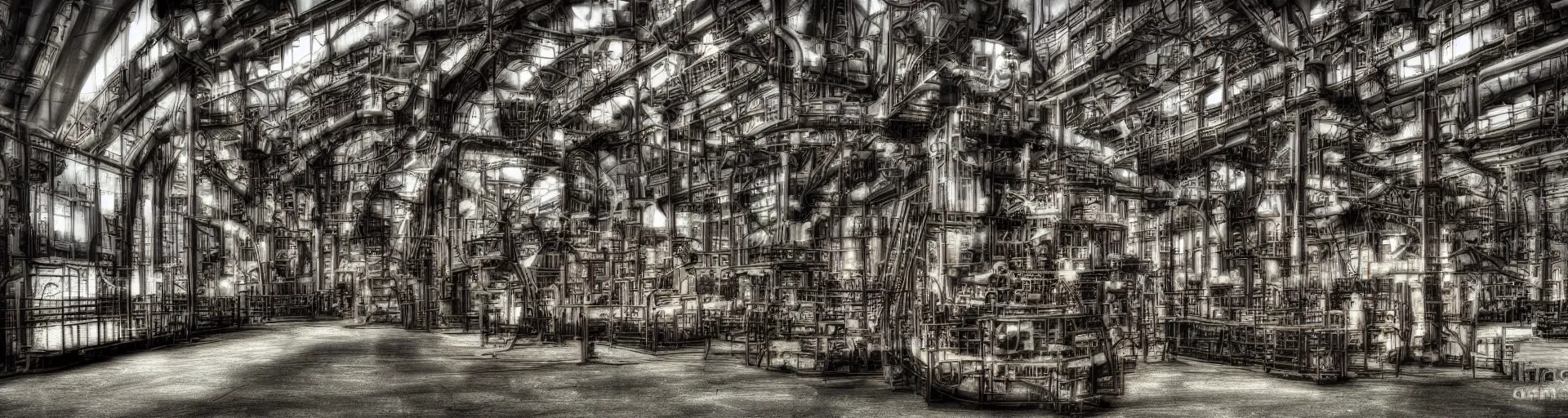 Prompt: an industrial age steam engine factory, color photography, digital art