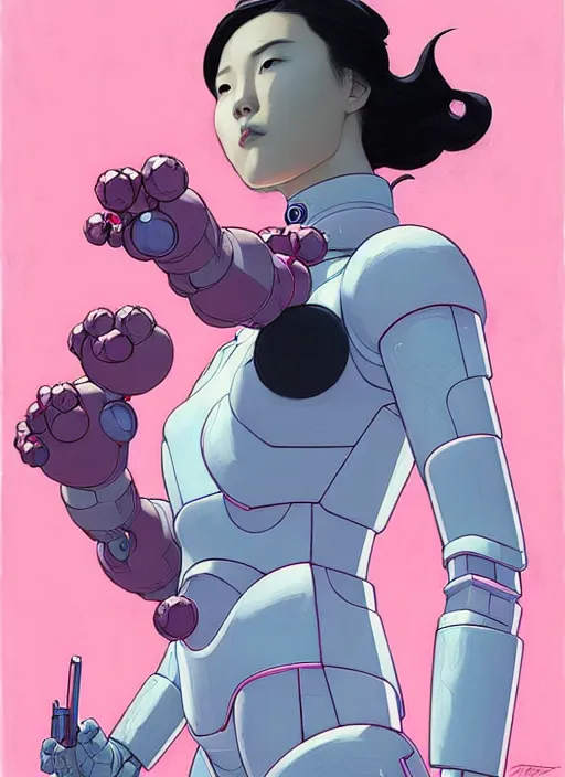 Prompt: Artwork by James Jean and Phil noto; a fierce young Japanese lady fighting a gigantic pink robot. art work by Phil noto and James Jean