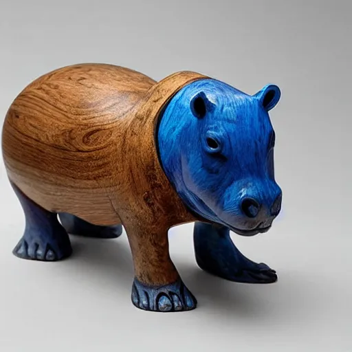 Prompt: a small hippo statue carved from natural wood and polished blue resin, half and half, mixed media, side view