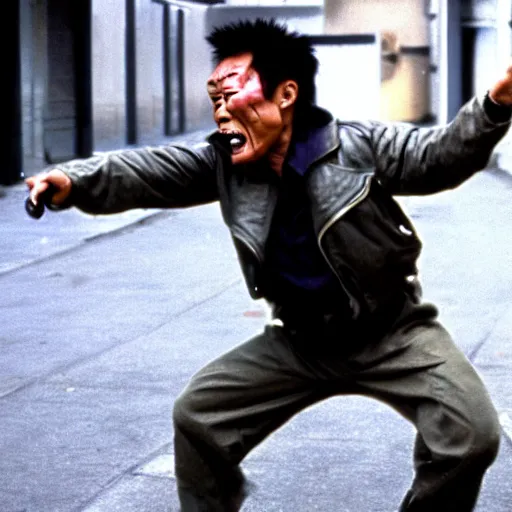 Prompt: crazy asian man in the role of terminator, film still