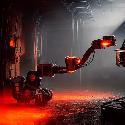 Image similar to toaster oven robot, mechanical, machine, octane render, sharp focus, hyper - realistic, intricate, detailed, eduard pronin, luka mivsek, ruan jia, dark messy smoke - filled cluttered workshop, dark, dramatic lighting, orange tint, sparks, cinematic, highly detailed, sci - fi, futuristic, movie still