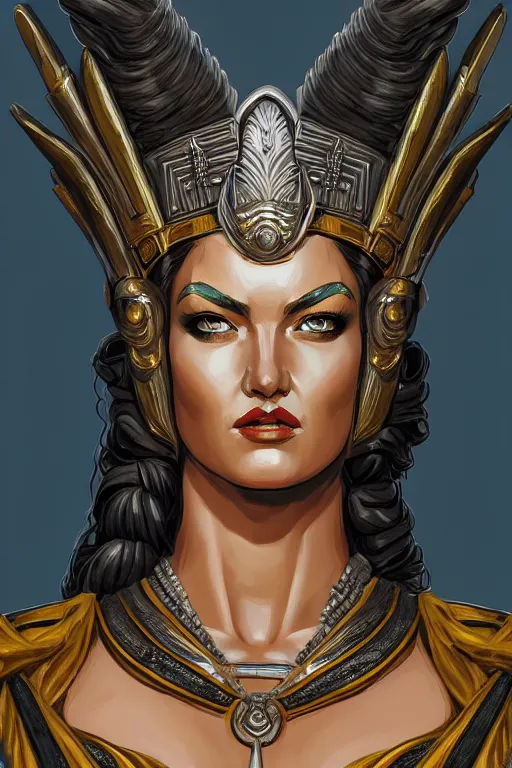 Prompt: The Godess Hera looking angry, detailed armor, portrait, highly detailed, digital painting, artstation, concept art, smooth, sharp focus, beautiful face, symmetric face, cinematic, videogame cover art, illustration, art by Hergé