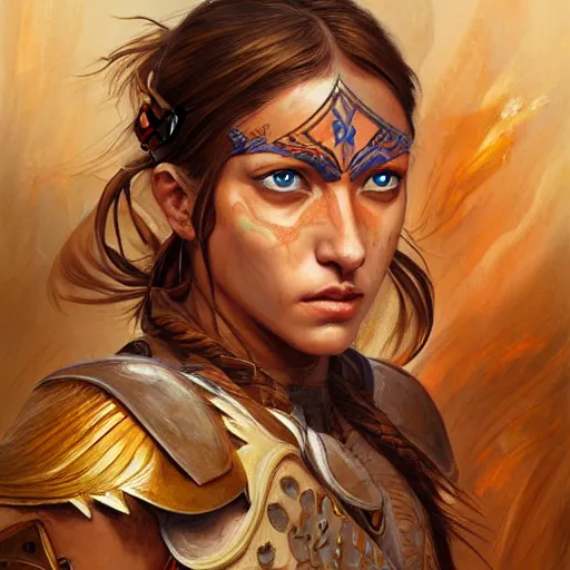 Image similar to highly detailed painting of a warrior goddess with tan skin, blue eyes, and brown hair high fantasy art by jon foster trending on arstation