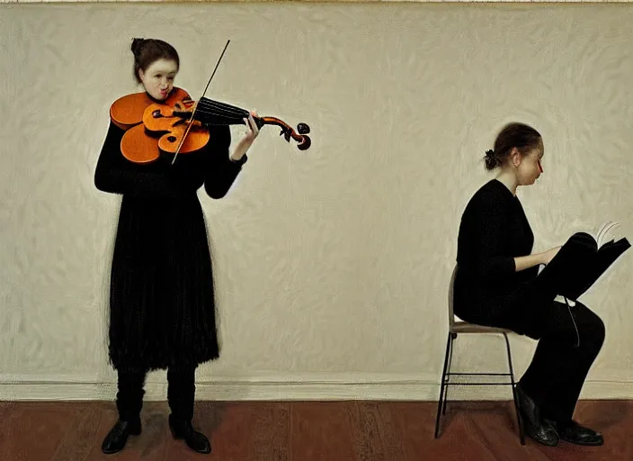 Image similar to portrait of two young nervous violin players getting ready to perform, half figure front, vincent lefevre and pat steir and hilma af klint, psychological, photorealistic, symmetrical faces, intriguing eyes, rendered in octane, altermodern, masterpiece