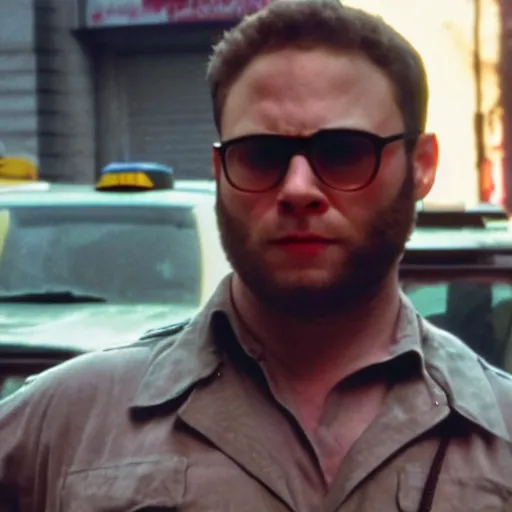 Image similar to Seth Rogen in taxi driver movie, 8k resolution, full HD, cinematic lighting, award winning, anatomically correct