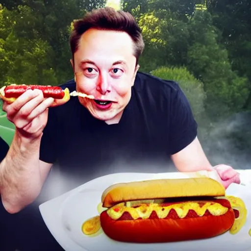 Prompt: Elon Musk eating a hotdog, hyper realistic, HD, HQ, photo realistic