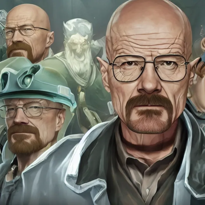 Image similar to walter white as a character in the game league of legends, with a background based on the game league of legends, detailed face
