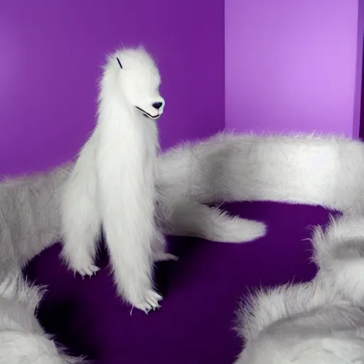 Image similar to a photo of a white fur monster standing in a purple room,