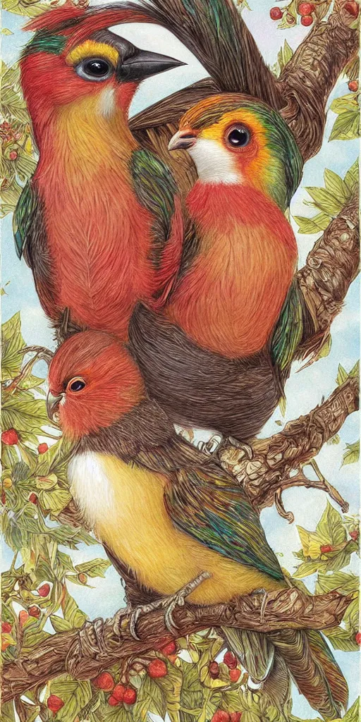 Image similar to greeting card, love, beautiful birds, by greg simkins, warm colors, cozy