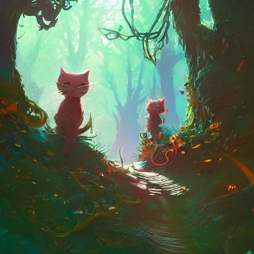 Image similar to cats walking through a magical forest, fantasy, intricate, elegant, highly detailed, digital painting artstation, blender, unreal engine 5, octane render, smooth, sharp focus, illustration, by Anton Fadeev and Philipp A. Urlich and Pengzhen Zhang and Andreas Rocha