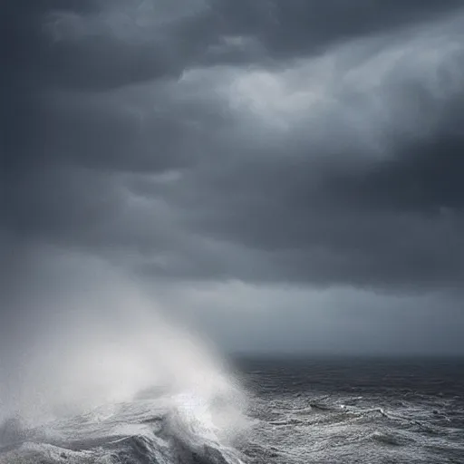 Prompt: Stormy sea waves crashing on a lighthouse in the early morning with a boat in the background, dramatic, in the style of Michal Karcz