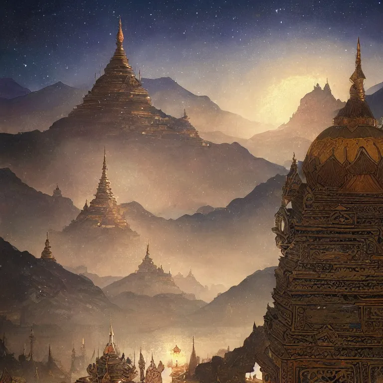 Image similar to a beautiful painting of the view from the river of the domes and towers of the ancient tibetan carved stone city, under the night sky with stars, intricate, elegant, highly detailed, digital painting, artstation, concept art, by krenz cushart and artem demura and alphonse mucha