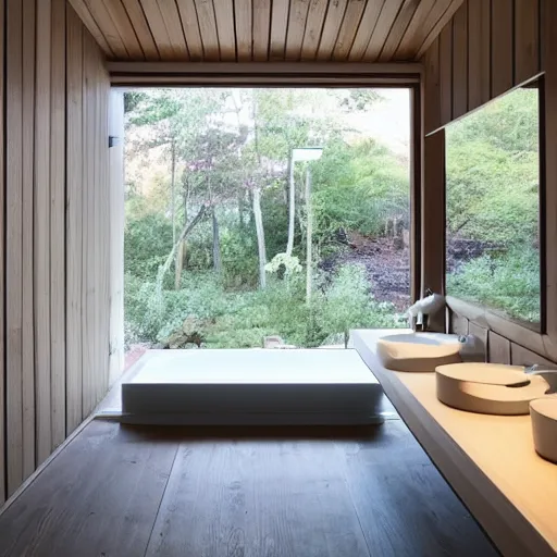 Image similar to a nice wooden bathroom , sink placed in a long wooden corner, wide horizontal window with a view to the Alpes, a technologic Japanese toilet, dichroic lights on the ceiling