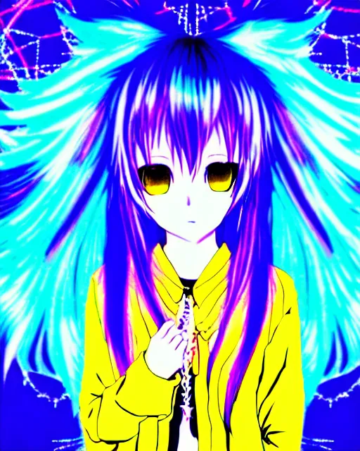 Image similar to neo tokyo japanese anime kawaii decora hologram of rimuru tempest, sky blue hair, golden yellow eyes, wearing black stylish clothing, holography, irridescent, baroque visual kei glitch art