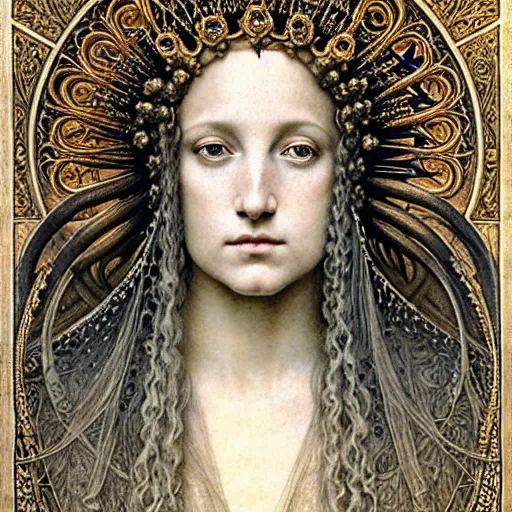 Image similar to detailed realistic beautiful young medieval queen face portrait by jean delville, gustave dore, iris van herpen and marco mazzoni, art forms of nature by ernst haeckel, art nouveau, symbolist, visionary, gothic, pre - raphaelite, fractal lace, surreality