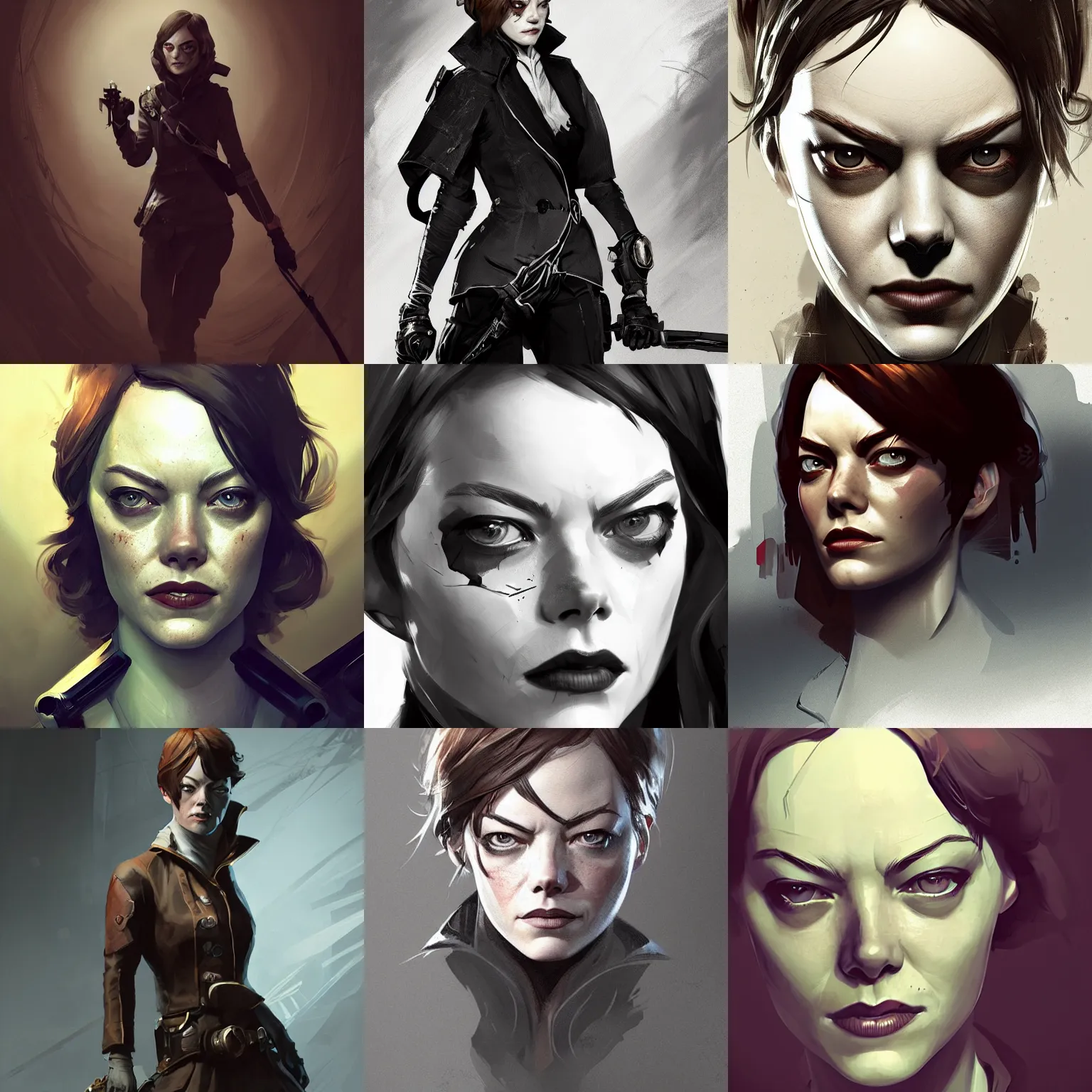 Prompt: an illustration of emma stone by cedric peyravernay. dishonored concept art. amazing details, dramatic lighting. stylized