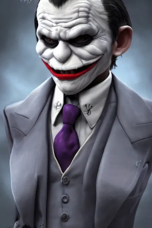 Image similar to portrait of a cute adorable miniature Joker but he's an ape kid in a business suit, realistic and ultra intricate detailed soft painting, symmetrical, volumetric lighting, mist, Artstation, unreal engine, depth of field