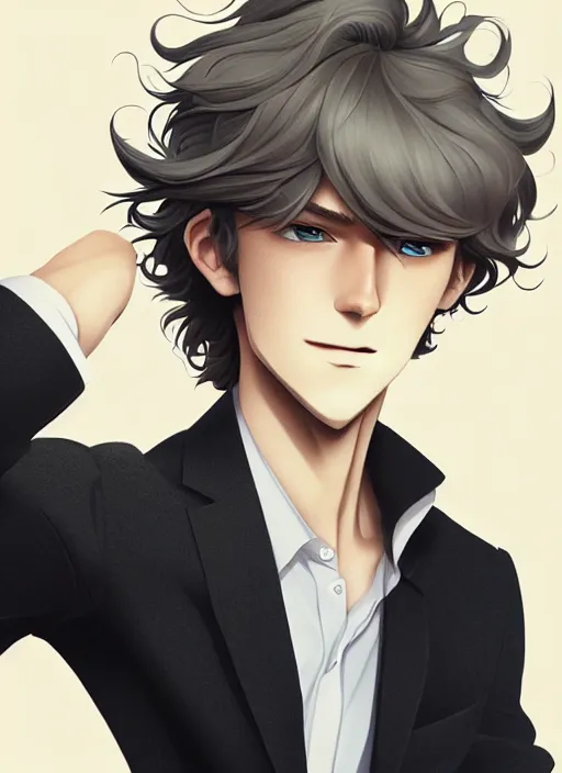 Image similar to young man with medium - length, curly, golden hair, perfectly proportioned face, aquamarine eyes, sweet smile, wearing a black suit, natural lighting, path traced, highly detailed, high quality, animation art, digital painting, by new haicheng and studio ghibli