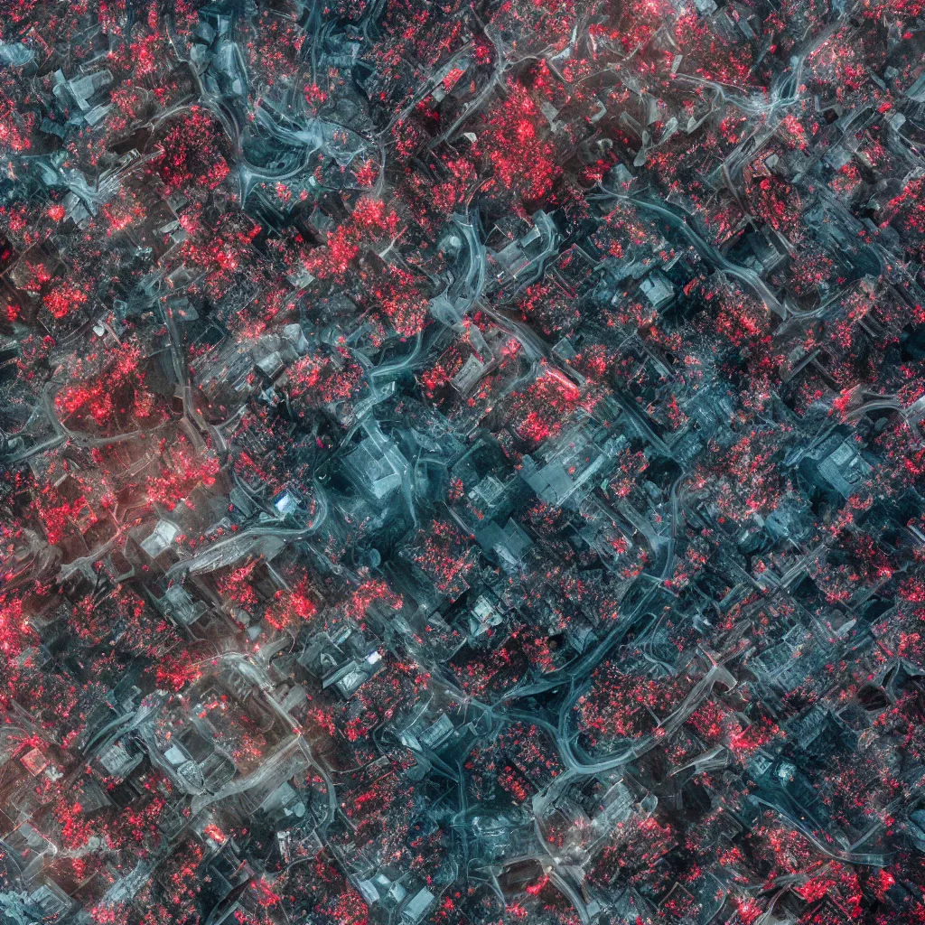 Prompt: aerial high resolution photography of a landscape filled with a disrupted high technological network, vibrant iridescent, sky is not visible, 8K, Octane Render, cinematic, state of the art, hyperrealistic lighting studio, color scheme is black red gray