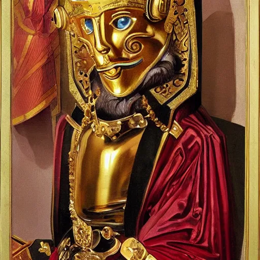 Prompt: decadent, brooding male art deco Byzantine aristocrat wearing baroque golden mask and power armor with bright, intelligent eyes, photograph from Vogue by Carvaggio :: brutalist Imperial court with red, chevron-shaped banners hanging in all corners :: elaborate golden throne :: famous court painting by Carvaggio, Barlowe, and Rembrandt