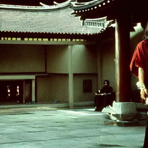 Image similar to cinematic film still of Keanu Reeves starring in a Steven Spielberg film as A Japanese Samurai at a temple, 1999, shallow depth of field, photograph, natural lighting