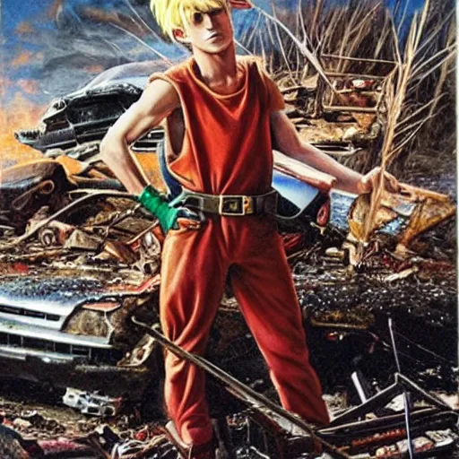 Image similar to an elf with spiky blonde hair wearing dark brown overalls and holding dynamite standing next to a destroyed car, painting by Mark Brooks