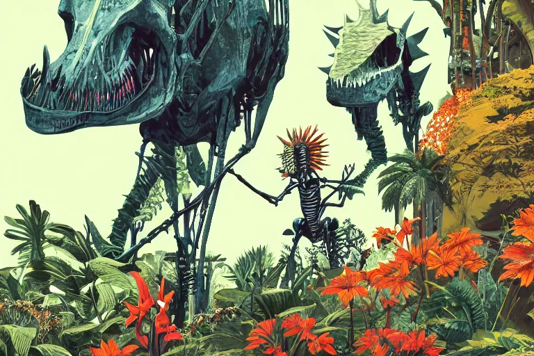 Image similar to 2 d gouache illustration, a lot of exotic vegetation, trees, tremendous skeletal robotic ancient dinosaur, flowers, oldschool vintage sci - fi flat surreal design, super - detailed, painting by satoshi kon, hd, 4 k, high quality