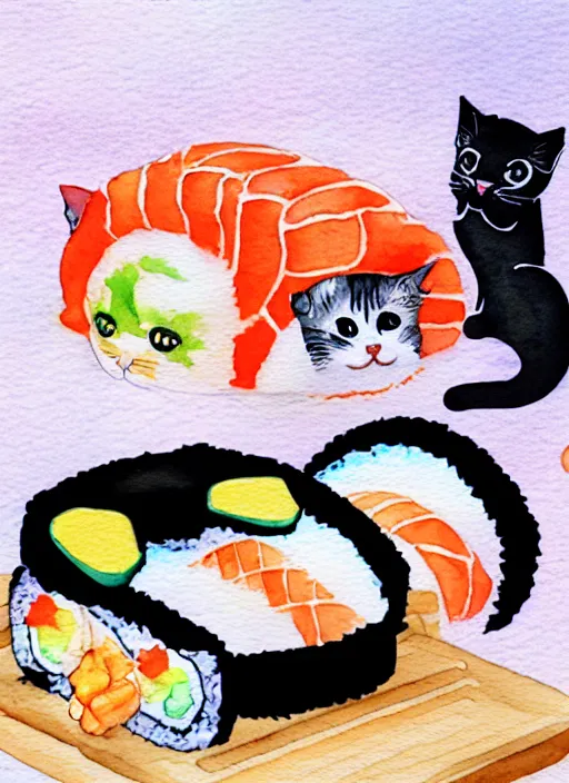 Prompt: cute cats and sushi watercolour