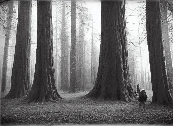 Prompt: giant trees, small people by Jakub Rozalski, lomography photo, blur, monochrome