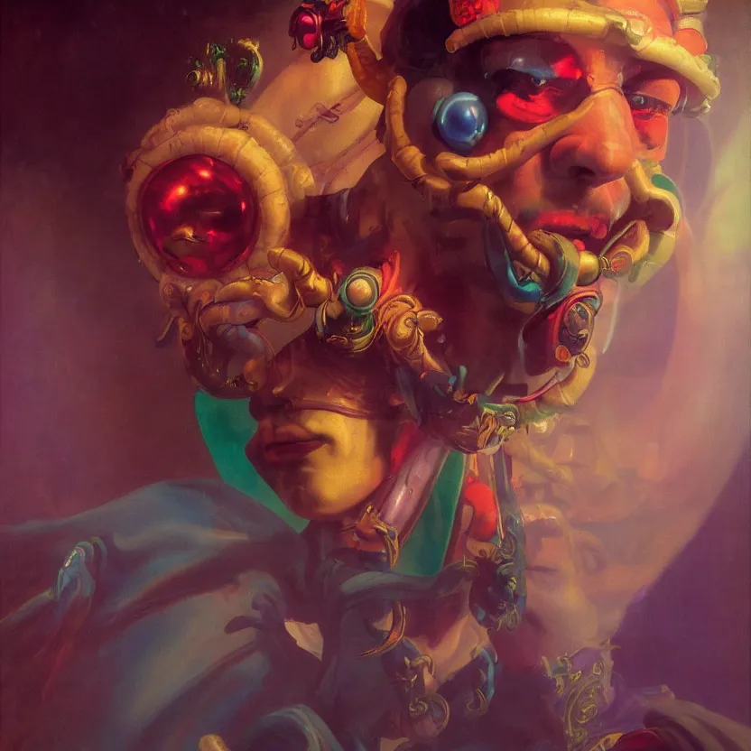 Prompt: a baroque neoclassicist close - up portrait of a colorful uv retrofuturistic jester, glowing circus tent and fog in the background. renaissance portrait painting. highly detailed science fiction painting by norman rockwell, frank frazetta, and syd mead. rich colors, high contrast, gloomy atmosphere, dark background. trending on artstation