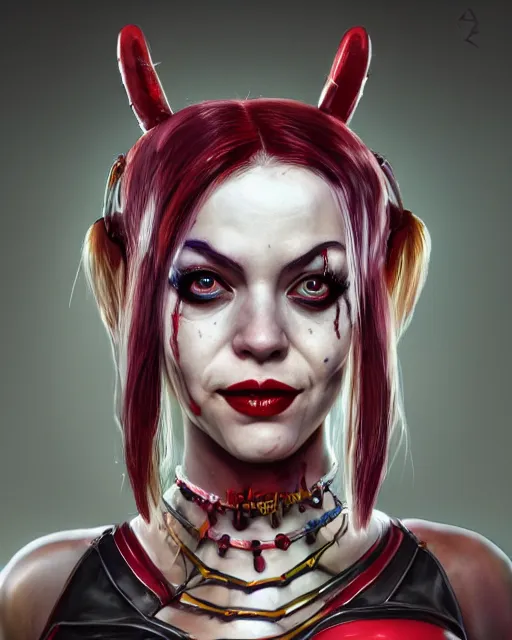 Image similar to harley quinn spider queen portrait, au naturel, hyper detailed, digital art, trending in artstation, cinematic lighting, studio quality, smooth render, unreal engine 5 rendered, octane rendered, art style by klimt and nixeu and ian sprigger and wlop and krenz cushart.