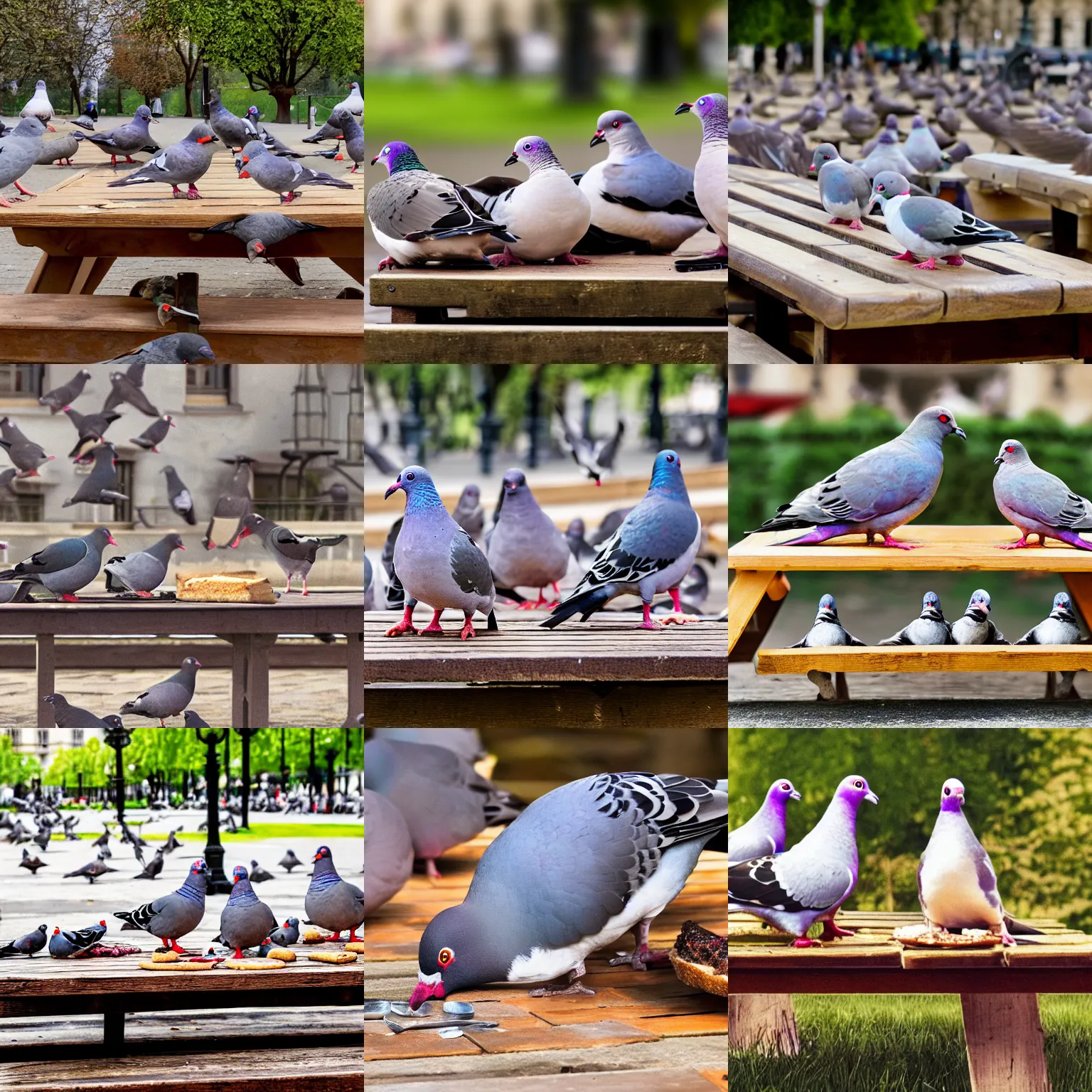 Prompt: pigeons eating bread on picnic table in Paris, highly detailed, realistic, movie poster, uhd, 4k, 8k